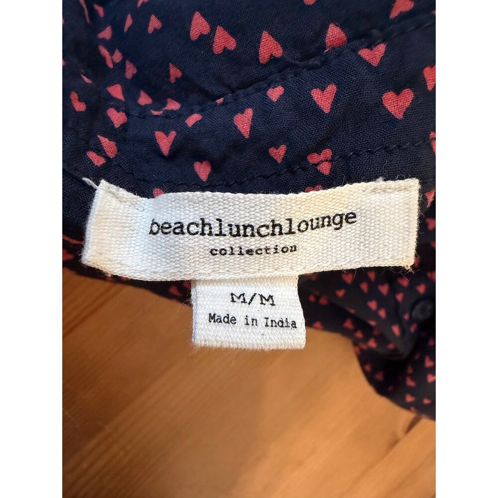 BeachLunchLounge Heart Print Fall Blouse Medium Navy Pink Workwear Button Up - Picture 4 of 9